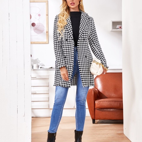 Tweed houndstooth  button fall jacket trench coat - Picture 3 of 5